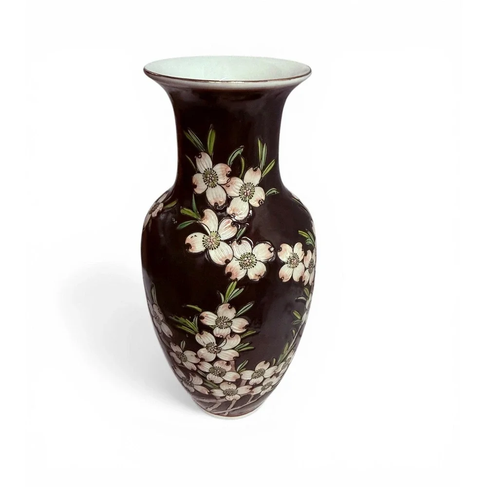 Vintage Japanese Vase Chinoiserie Cherry Blossom Dogwood Flower 8